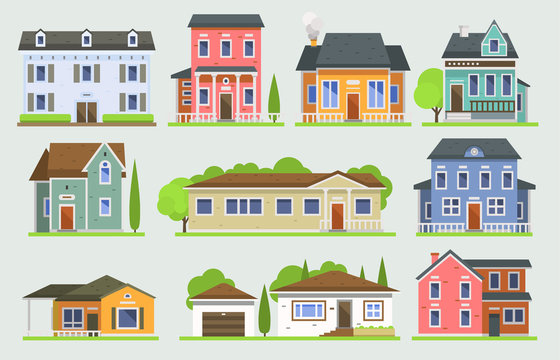 Cottage house facede vector city street view buildings of town house face side modern world house building flat architecture illustration cottage residential house construction cityscape houses