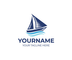 Sailboat on waves logo template. Ship and cruise travelling vector design. Sea transport, vessel illustration
