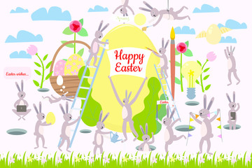 Set of cute Easter cartoon characters and design elements. Easter bunny, eggs and flowers. Vector illustration.