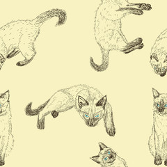 Seamless pattern with hand drawn cats sketch. Vintage background. Vector illustration