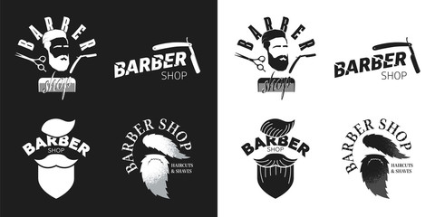 sign Barbershop. Scissors, knife for shaving, silhouette bearded man