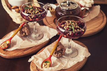 Tasty dessert from beriies with pine seed