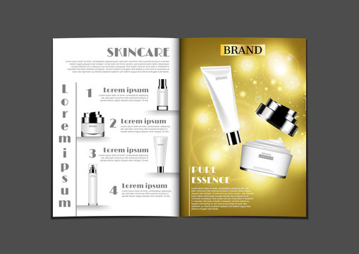 Magazine or brochure design. Gold theme of skin care products with template, vector cosmetic ads
