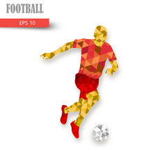 Silhouette of a football player. Dots, lines, triangles, text, color effects and background on a separate layers, color can be changed in one click.