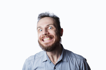 expression and people concept - man with funny face over white background