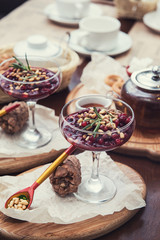 Tasty dessert from beriies with pine seed