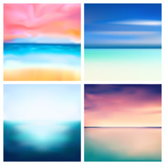 Abstract vector nature blurred background set. 4 colors set. Square blurred nature backgrounds set - sky clouds sea ocean beach colors With love quotes