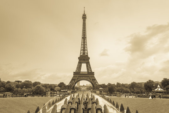 Eiffel tower, Paris, France. Sepia monochrome tone
