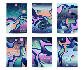 Fototapeta na wymiar Abstract holographic background set. Cover template design with liquid shapes and geometric elements. Vector illustration