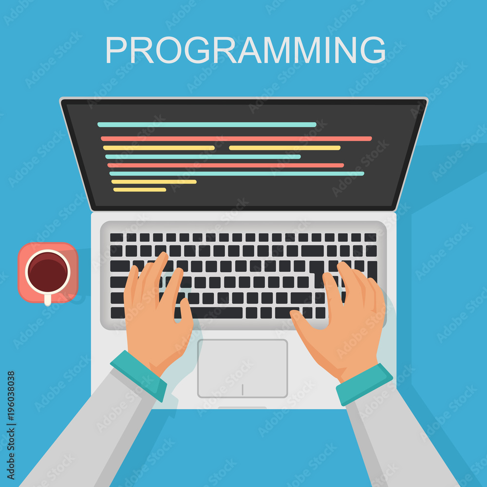 Fototapete Vector programming, coding web development concept. Programmer top view with screen code.