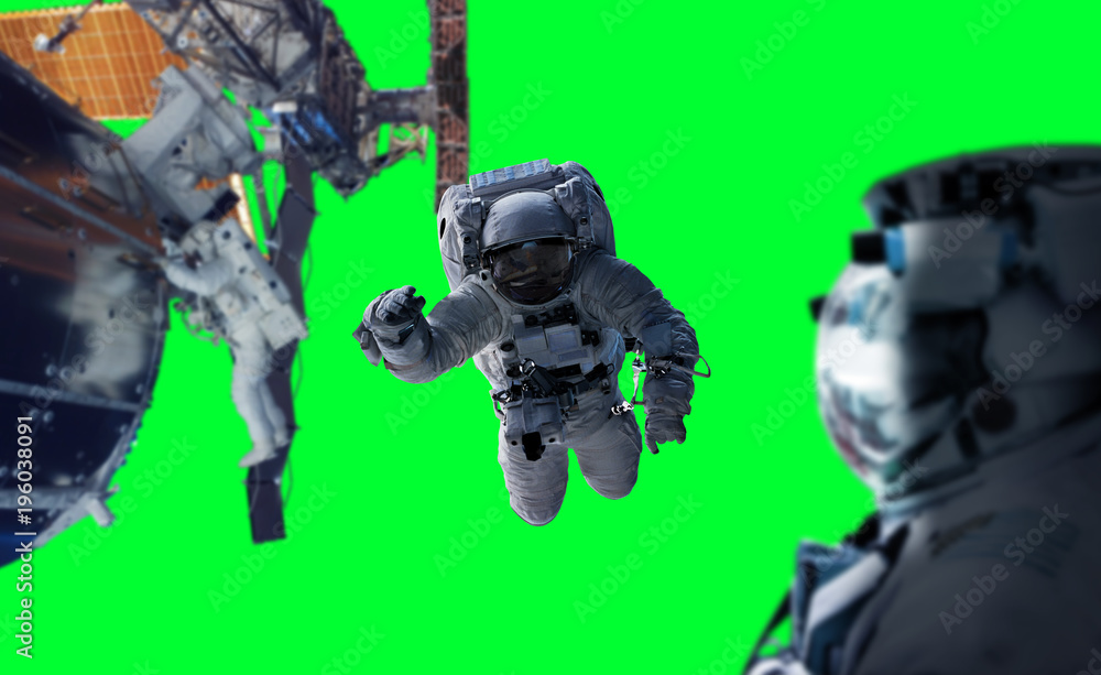 Poster astronaut working on a space station 3d rendering elements of this image furnished by nasa