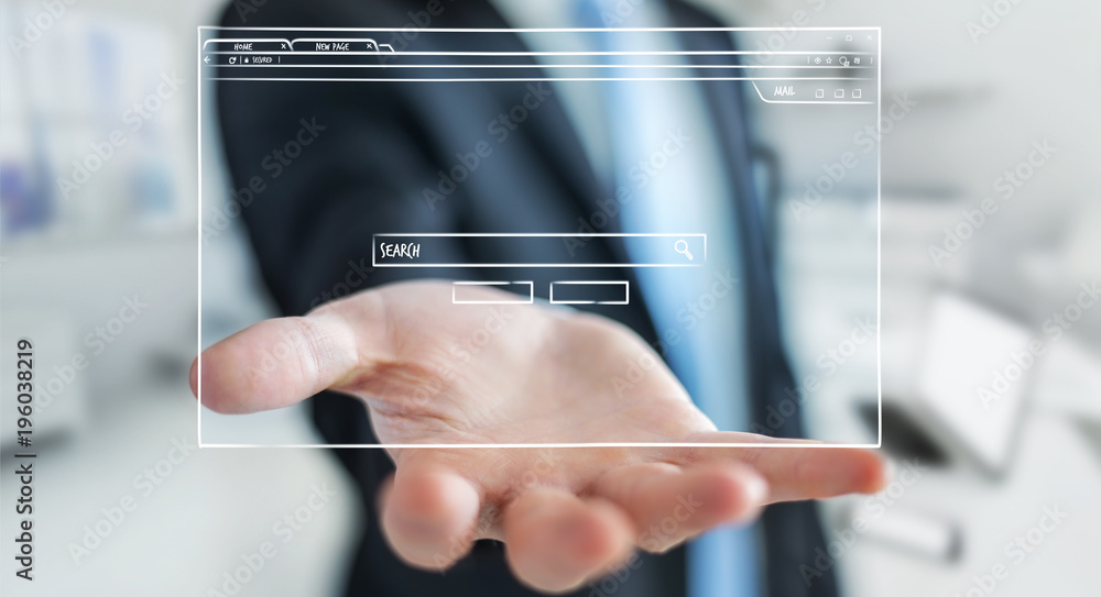 Wall mural businessman holding and touching a website page sketch
