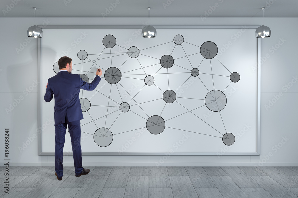 Poster Businessman using social network interface on a board 3D rendering