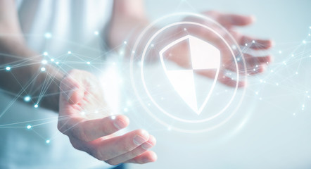 Businessman using shield safe protection with connections 3D rendering