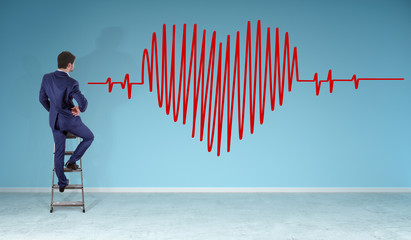 Businessman watching heart beat sketch on a wall 3D rendering