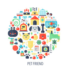 Pet friend flat infographics icons in circle - color concept illustration for pet store cover, emblem, template.