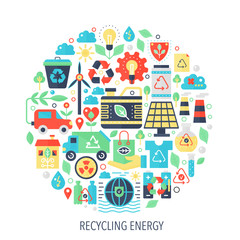 Fototapeta na wymiar Recycling green energy flat infographics icons in circle - color concept illustration for recycling energy cover, emblem, template.