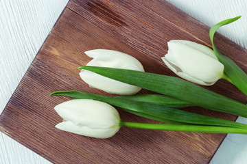 Bouquet of fresh white tulips on wooden desk with copy space. Natural white flowers. Top view.