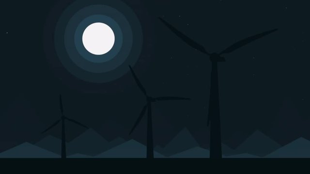 Cartoon silhouettes of three wind generators at full moon night, loopable motion background