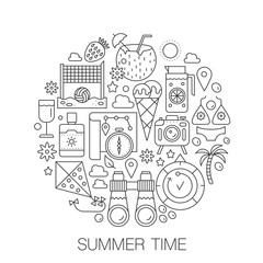 Summer time in circle - concept line illustration for cover, emblem, badge. Summer time vacation travel thin line stroke icons set.