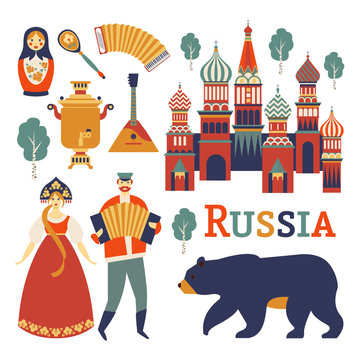Russia icons set. Vector collection of Russian culture and nature images, including St. Basil s Cathedral, russian doll, balalaika, portrait of Russian beauty in kokoshnik. Isolated on white.