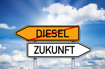 Schild mit Wegweiser und Diesel und Zukunft