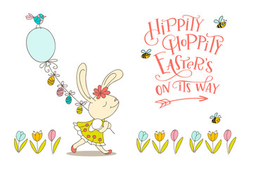 Handwritten text Hoppity Hippity Easter is on its way and hand drawn birds, flowers, cute bunny girl with eggs