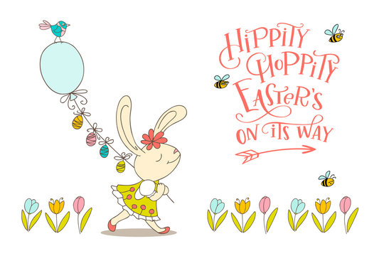 Handwritten text Hoppity Hippity Easter is on its way and hand drawn birds, flowers, cute bunny girl with eggs