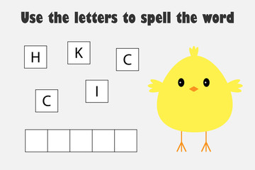 Use the letters to spell the word, chick in cartoon style, easter educational spelling scramble game for the development of children, kids preschool activity, printable worksheet, vector illustration