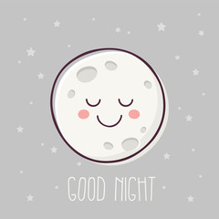 Cute Sleeping Cartoon Full Moon and Good Night Text.