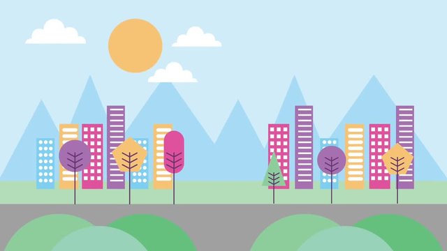 landscape mountains and bushes with urban buildings animation