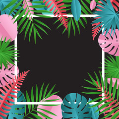 Fototapeta na wymiar Tropical paper palm, monstera leaves frame. Summer tropical leaf. Origami exotic hawaiian jungle, summertime background