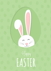 Easter bunny on background with eggs and greetings. Concept of a poster. Vector.