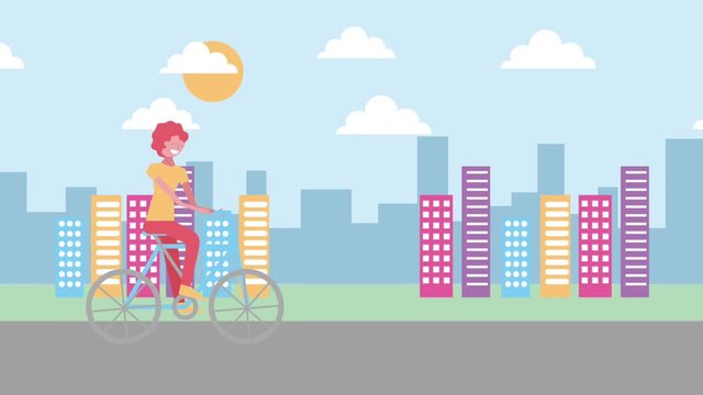 character riding bike in street urban landscape animation