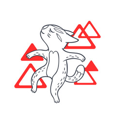 Vector hand drawn illustration of funny dancing cat on disco party. Cute animal character with neon lights on background. Contour sketch.