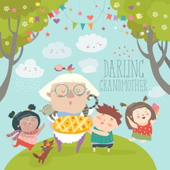Obraz na płótnie Canvas Granny and her grandchildren with cake