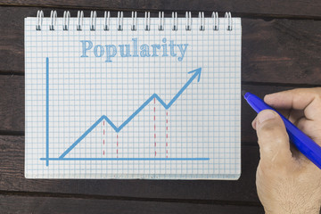 SMM concept. Diagram showing popularity of social media account, web site and blog, Male's hand drawing a growing graph on notepad.