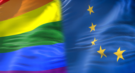 half waving colorful of gay pride rainbow flag and half european union waving, civil right flag in europe seamless looping 3D rendering, peace in the world concept