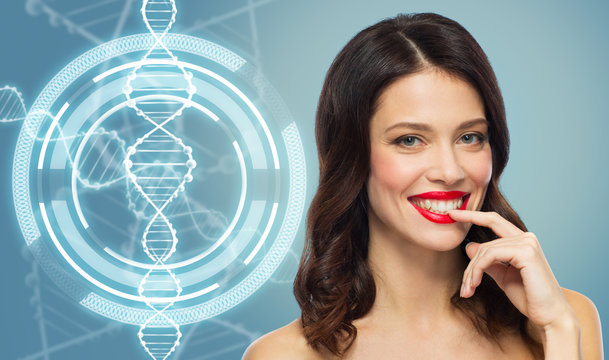 woman with red lipstick over dna molecule
