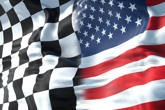 half flags of checkered flag, end race and half united states of america usa flag, sport formula one competition concept