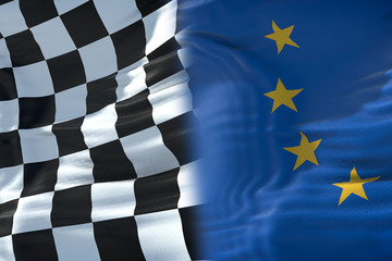 half flags of checkered flag, end race and half European Union flag, europe sport formula one competition concept