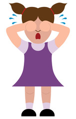 An unhappy flat vector cartoon little girl is crying her eyes out