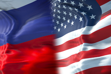 Obraz premium half flags of united states of america and half russa flag, crisis between usa american and russian federation international meeting or negotiations concept