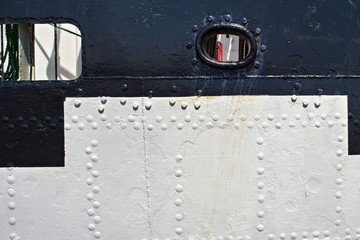 Riveted hull of the historical barque Kruzenshtern (prior Padua) moored in the Kaliningrad Sea...