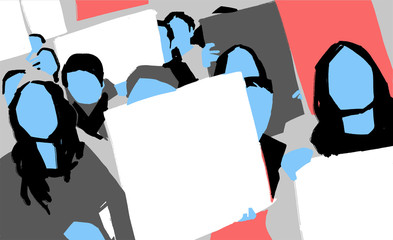 Stylized illustration painting of women protest march with blank signs in color