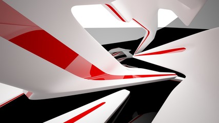 Abstract dynamic black interior with white and red smooth objects. 3D illustration and rendering