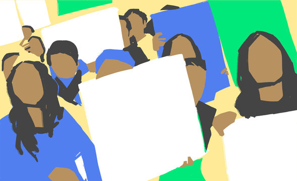 Stylized illustration painting of south american women protest march with blank signs in color