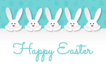 Easter banner with paper cut bunnies and wishes. Vector.