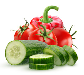 Ingredients for salad: cucumber, tomato and pepper isolated on white background.