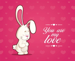 Shy rabbit card in love on hearts background